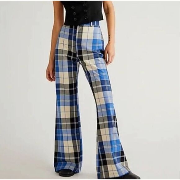 Free People Jules High Waist Plaid Flare Pants Blue/Black size 4 new - Picture 3 of 15